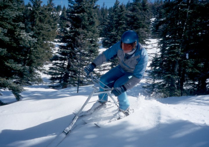 Kevan Leycraft in fresh snow with a really solid base! Lake Louise, April, 2000.